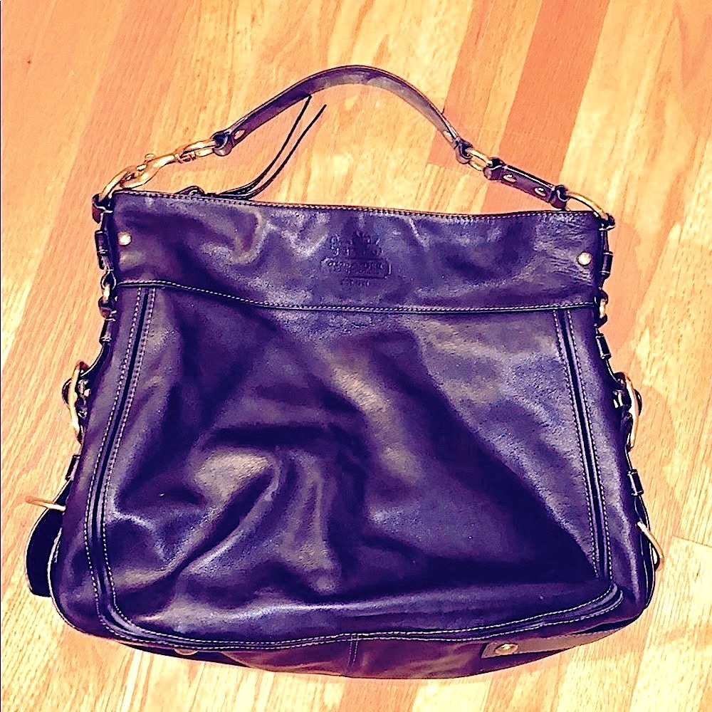COACH XXL black leather luxury travel purse bag buckle silk lining Rare Vintage